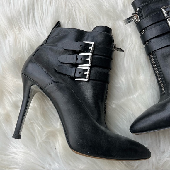 Michael Kors Black Leather Pointed Toe Silver 3 Buckle Zipper Heeled Booties - Picture 2 of 7
